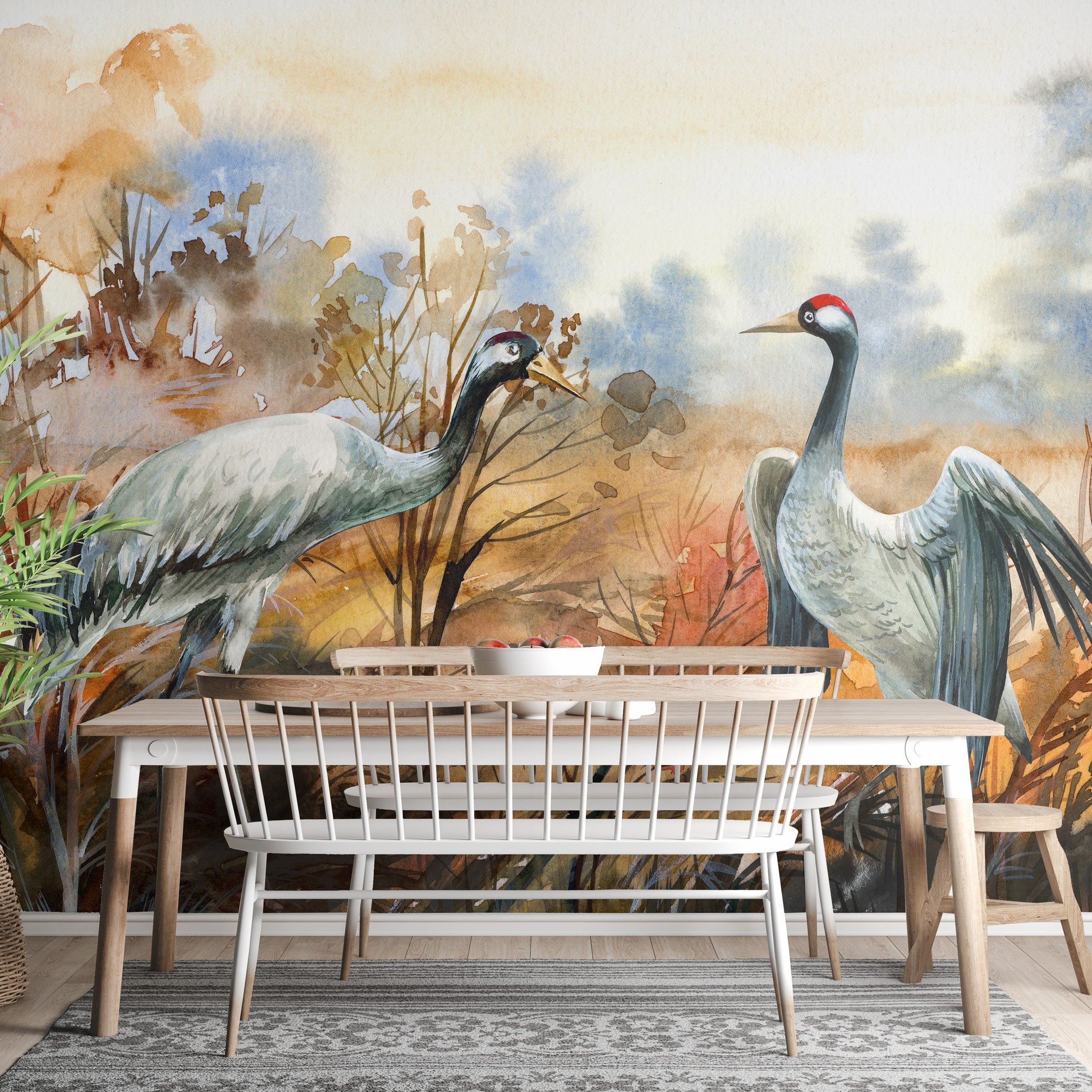 Autumn landscape & crane birds watercolor wallpaper - Giffywalls