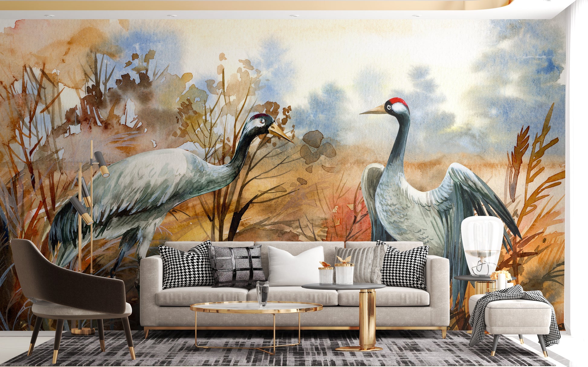 Autumn landscape & crane birds watercolor wallpaper - Giffywalls