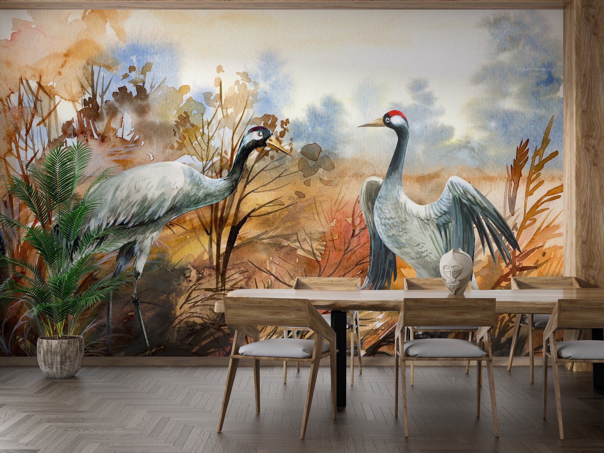 Elegant autumn landscape with crane birds wallpaper