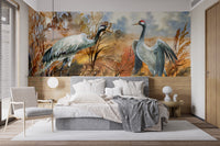 Autumn landscape with crane birds watercolor wallpaper