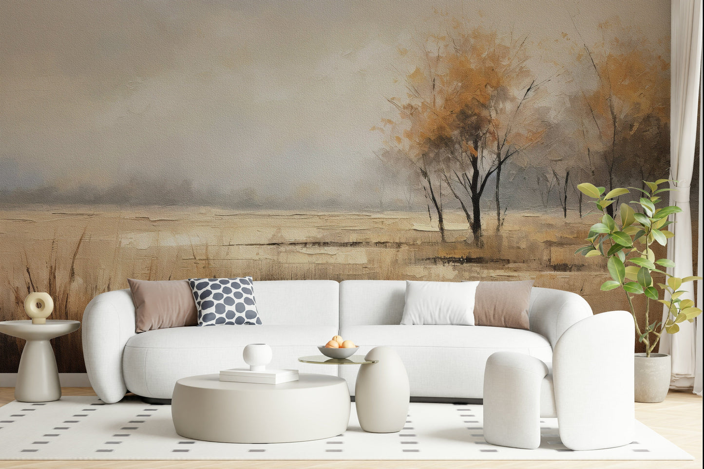 Autumn Vista wallpaper mural of an orange-leaved tree over a field behind a white curved sofa and ottoman in a living room