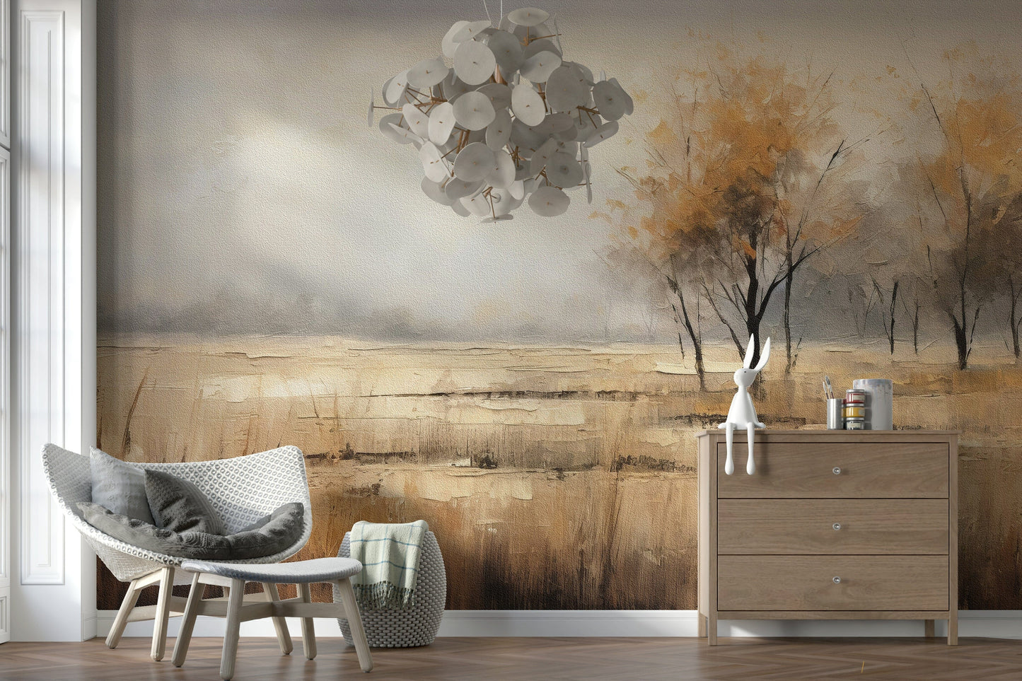Autumn Vista wallpaper mural with golden grassland and amber trees behind a white lounge chair and wood dresser in a living room