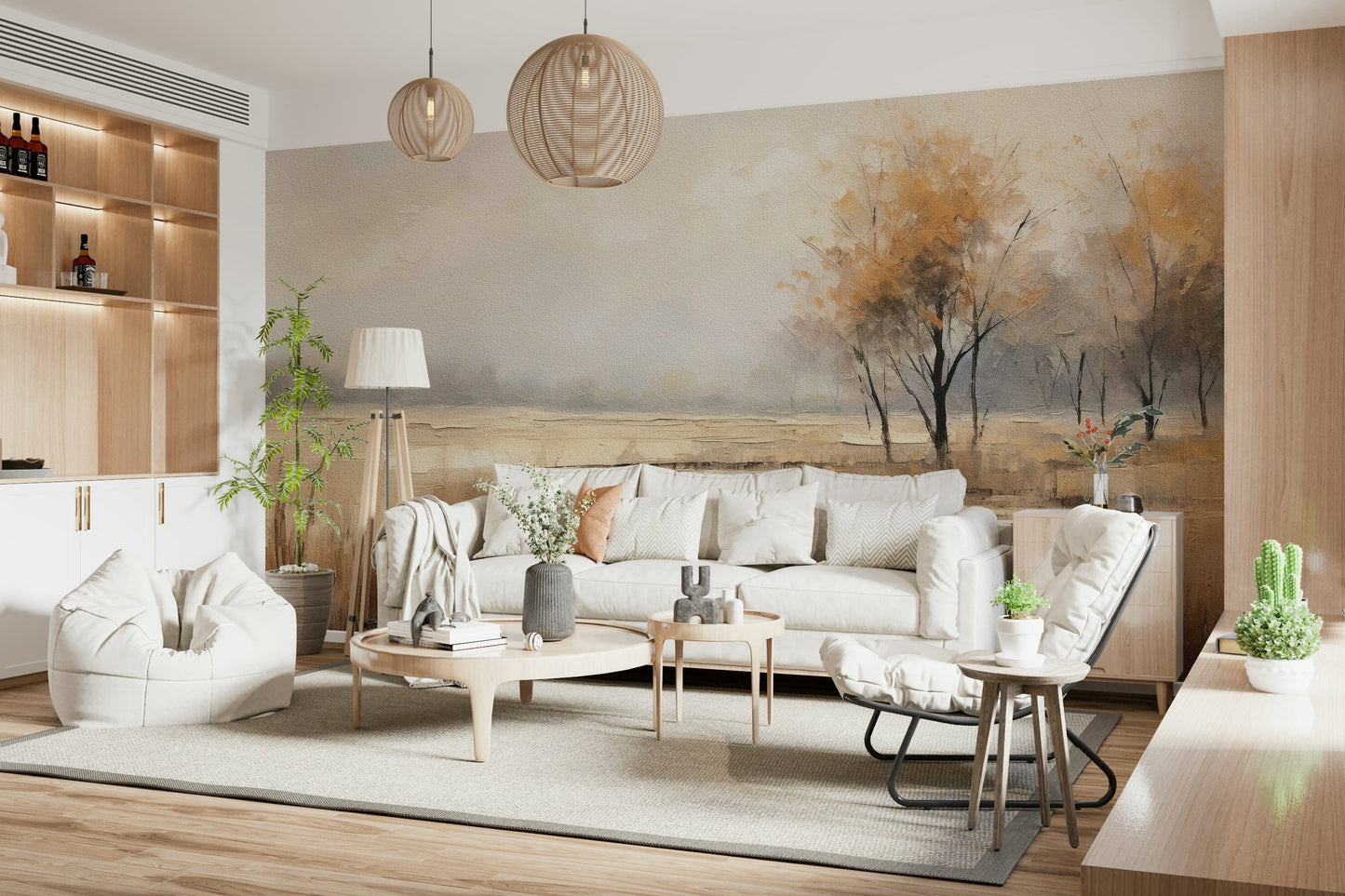 Autumn Vista wallpaper mural of a misty autumn field behind a cream sofa with woven globe pendants in a cosy living room