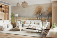 Autumn Vista wallpaper mural of a misty autumn field behind a cream sofa with woven globe pendants in a cosy living room