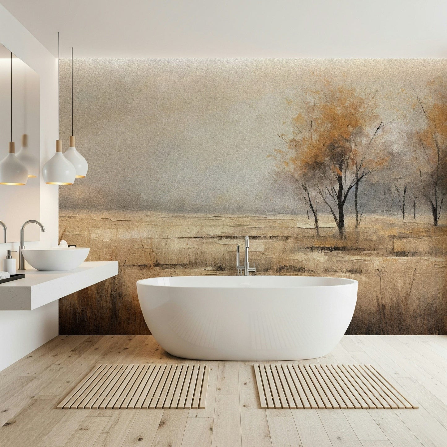 Autumn Vista wallpaper mural of a foggy field with orange trees behind a white freestanding tub and twin sinks in a bathroom