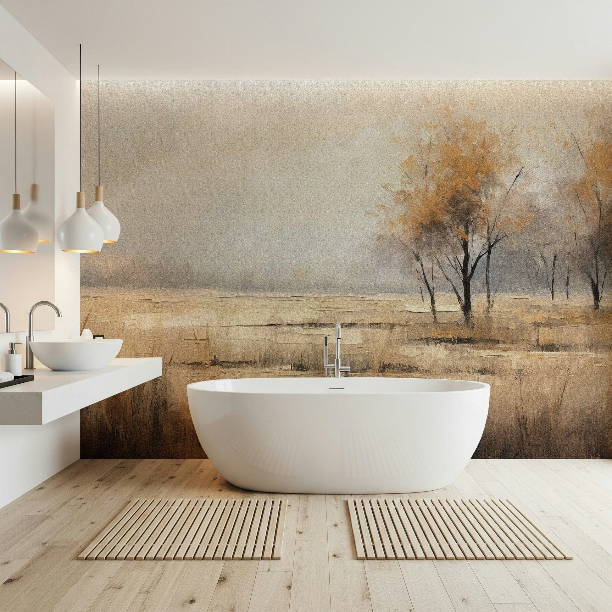 Autumn Vista wallpaper mural of a foggy field with orange trees behind a white freestanding tub and twin sinks in a bathroom