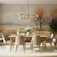 Autumn Vista wallpaper mural of a golden field and orange autumn tree behind a wood dining table and beige chairs in a dining room