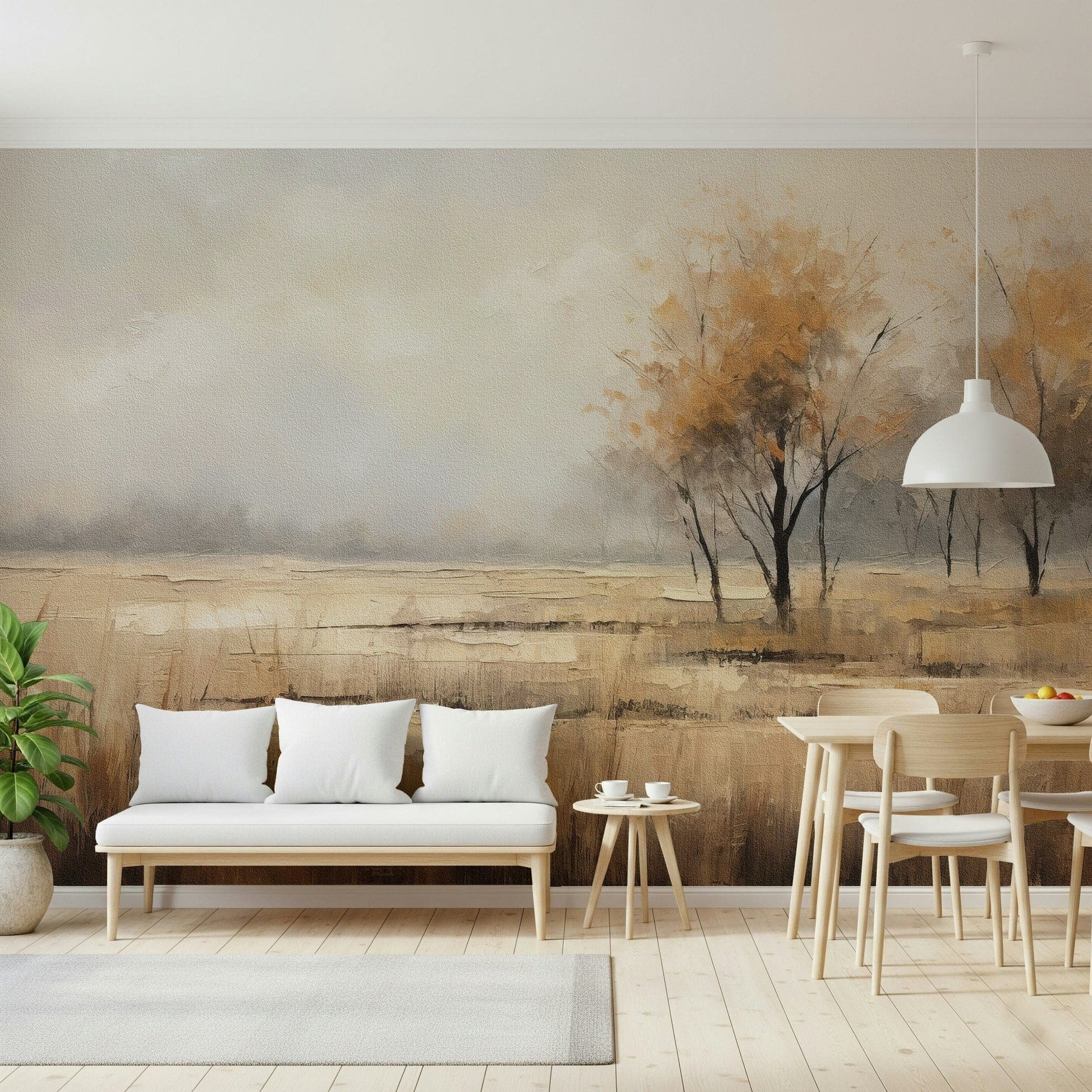 Autumn Vista wallpaper mural with misty meadow and amber trees behind a white cushioned bench and dining set in a living room