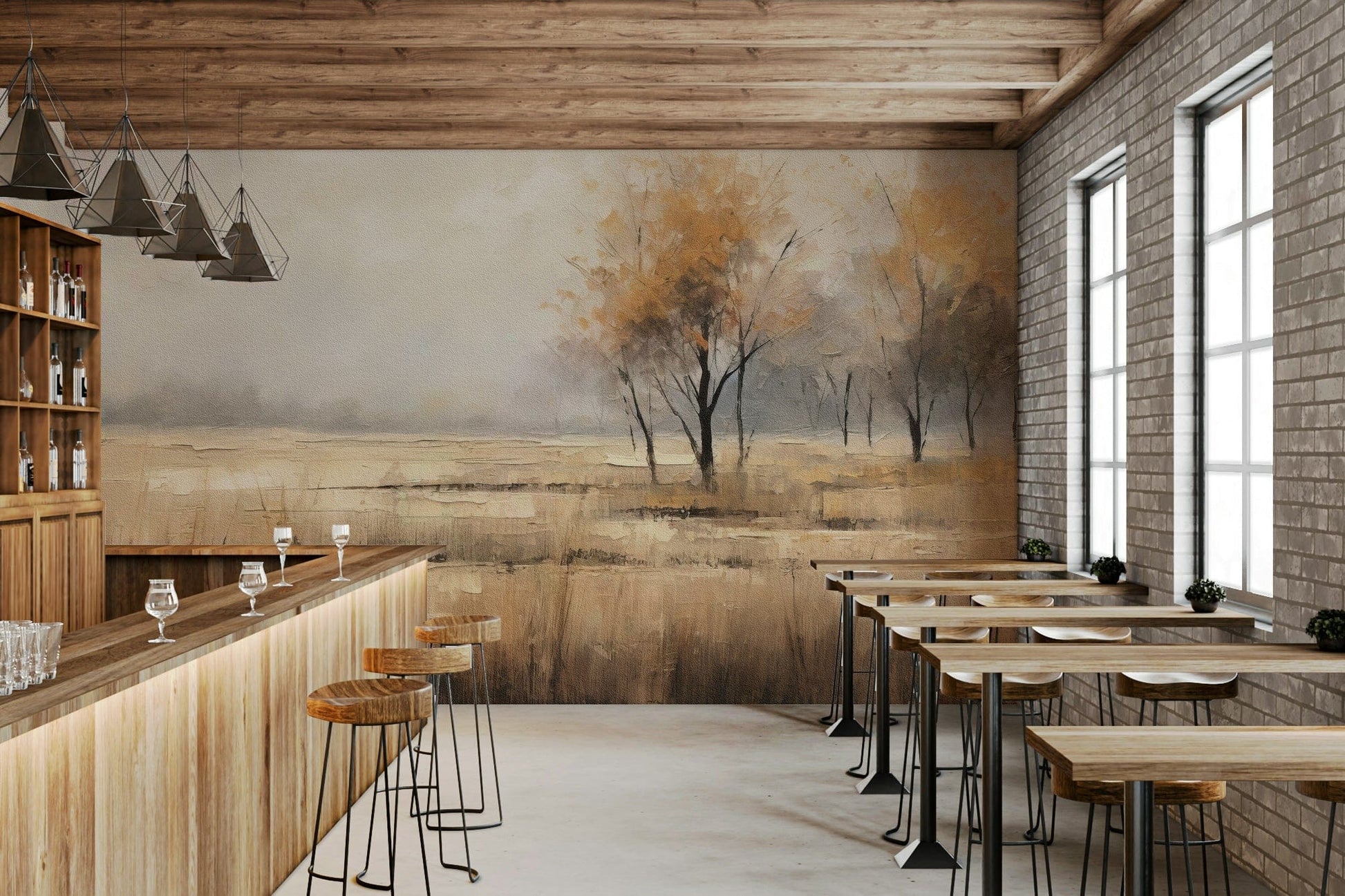 Autumn Vista wallpaper mural of an autumn landscape behind a wood bar counter and stools in a brick-walled restaurant