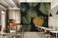 A minimalist interior with the winter leaves wallpaper.

