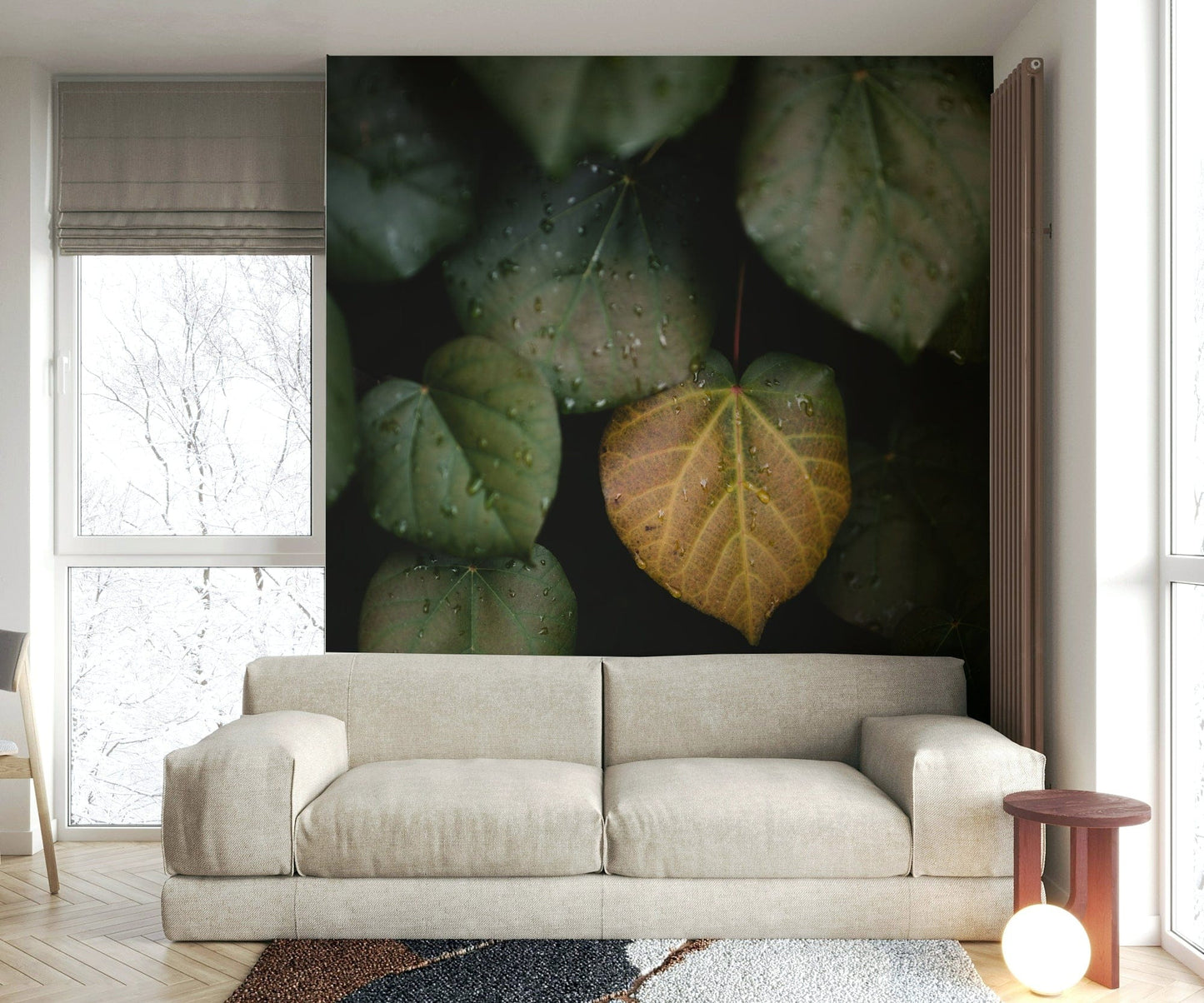 The peel and stick wallpaper showing realistic nature textures.

