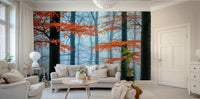 The mural gives the illusion of a window looking out onto a beautiful autumn scene.
