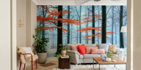 A wide shot of a wall mural showing a serene autumn forest.
