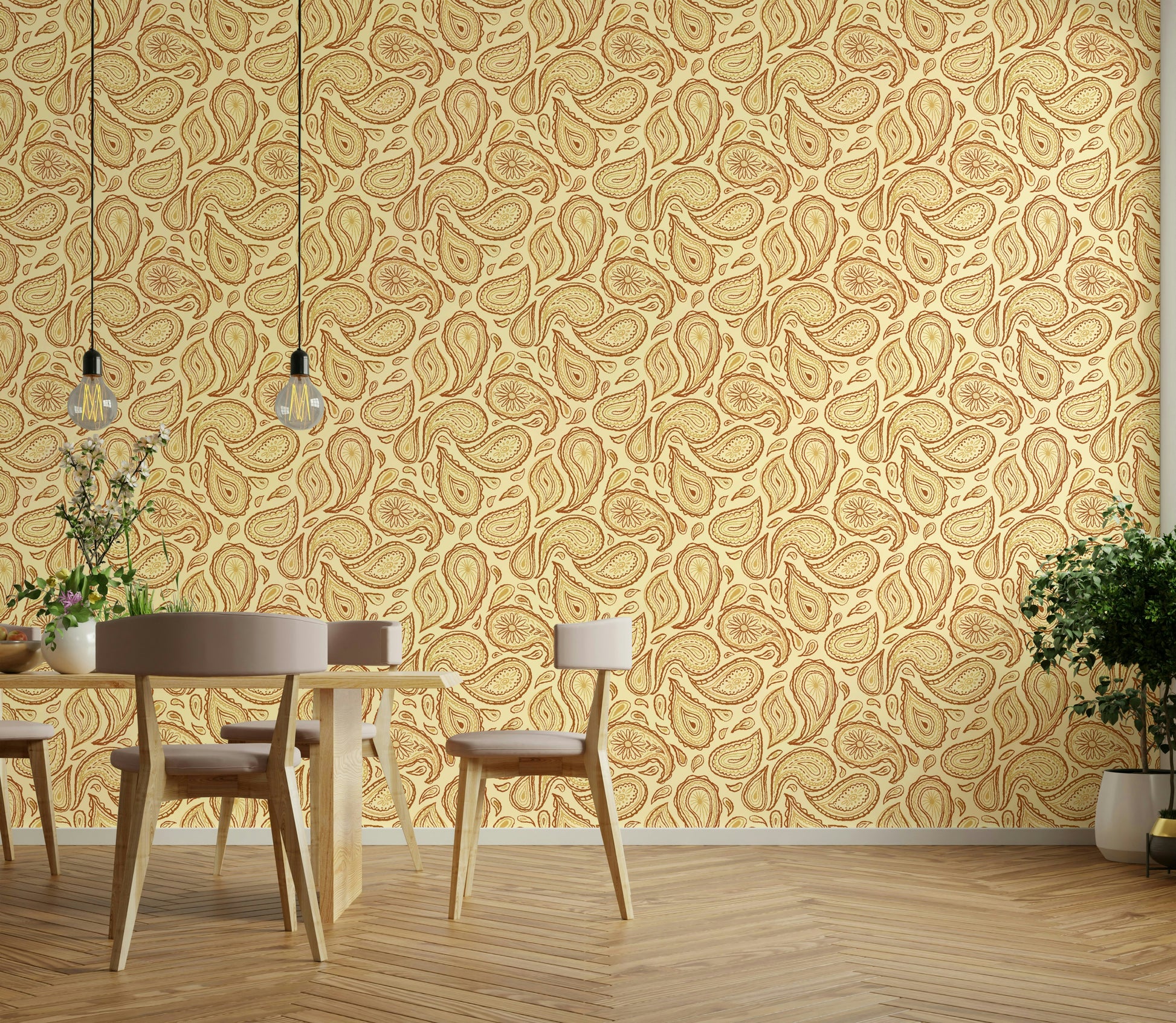 Paisley pattern wallpaper in fall-inspired colors

