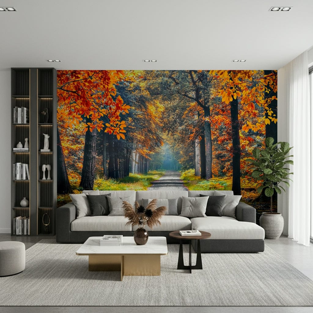 Nature wallpaper wall mural showing a quiet autumn trail with tree wallpaper details in warm tones