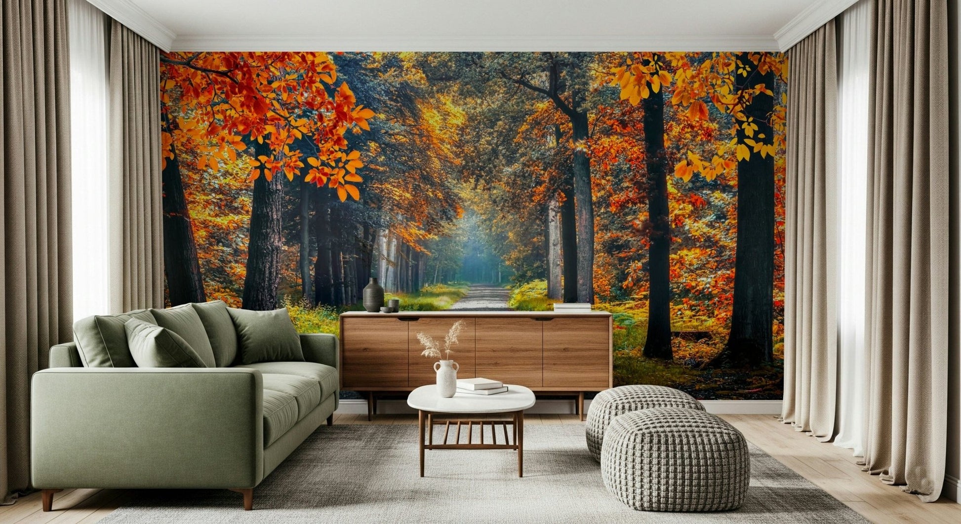 Autumn path wall mural with orange wallpaper canopy and green wallpaper undergrowth along the trail