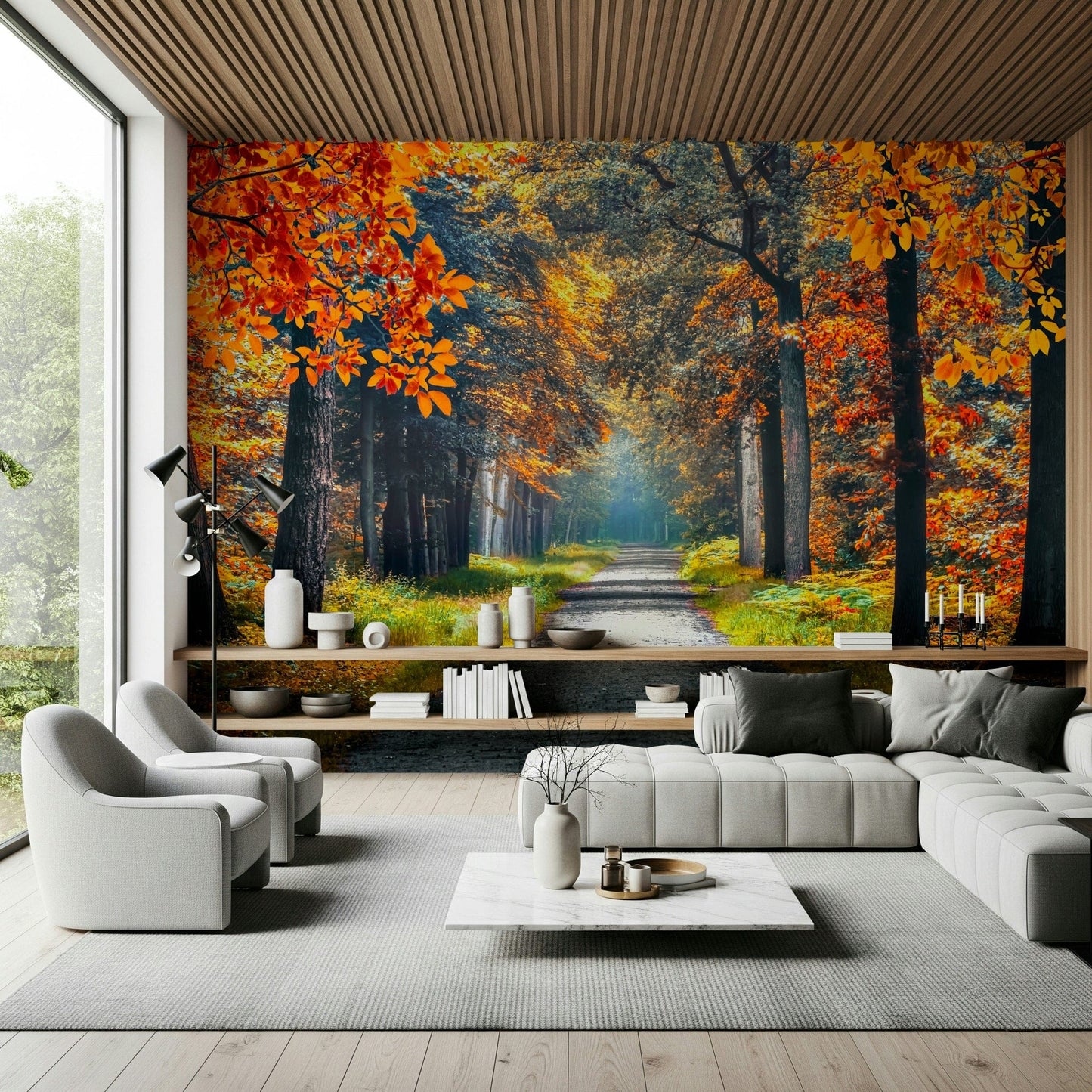 Nature wallpaper mural featuring an autumn forest path, tree wallpaper texture with gentle depth