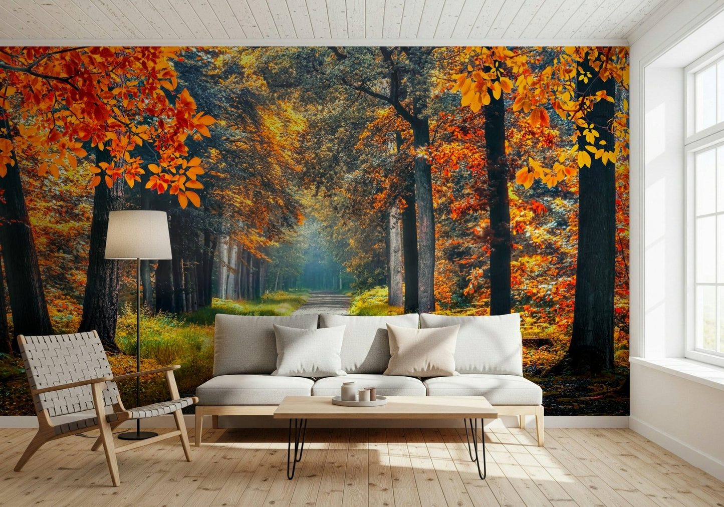 Wall mural of a woodland path in fall colors, forest wallpaper scene with orange and green tones