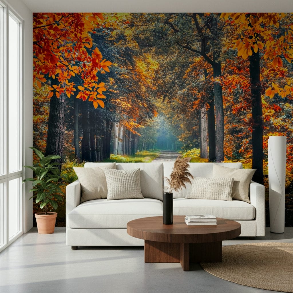 Autumn path wall mural with orange and green trees, forest wallpaper look for a calm hallway