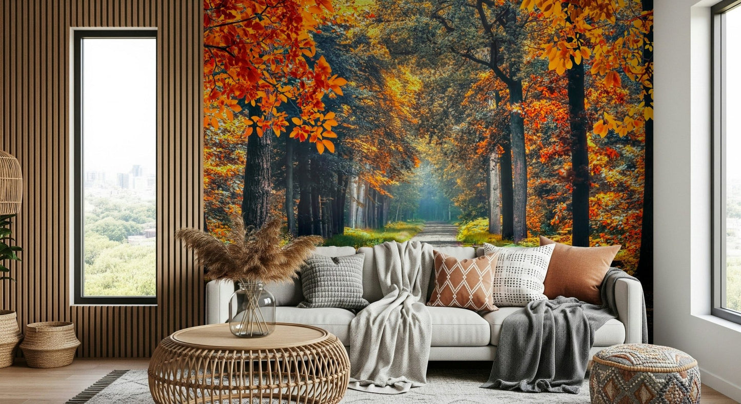 Forest wallpaper style autumn path wall mural with orange wallpaper leaves and soft green wallpaper accents