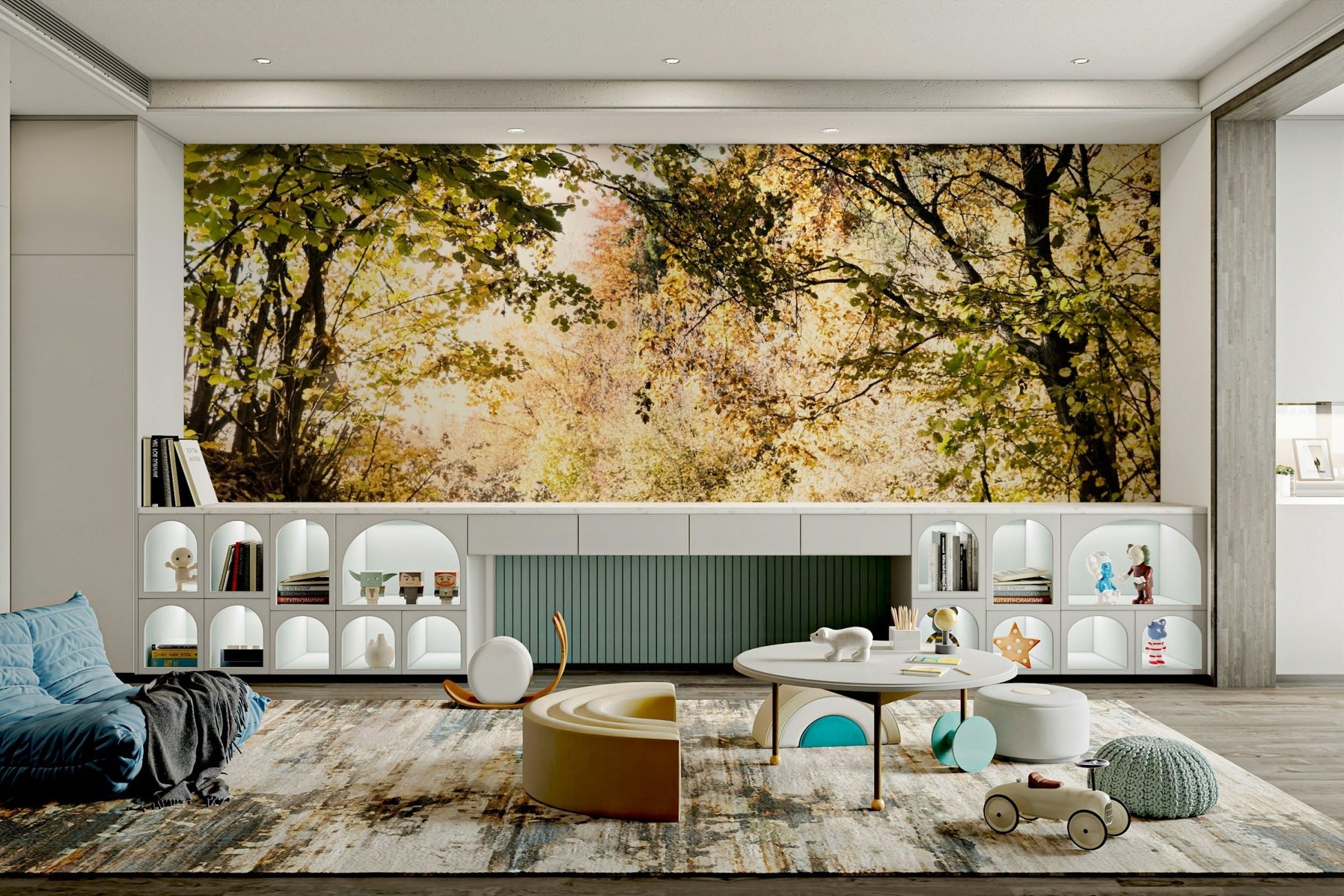 The ground is covered in golden and orange fallen leaves.

