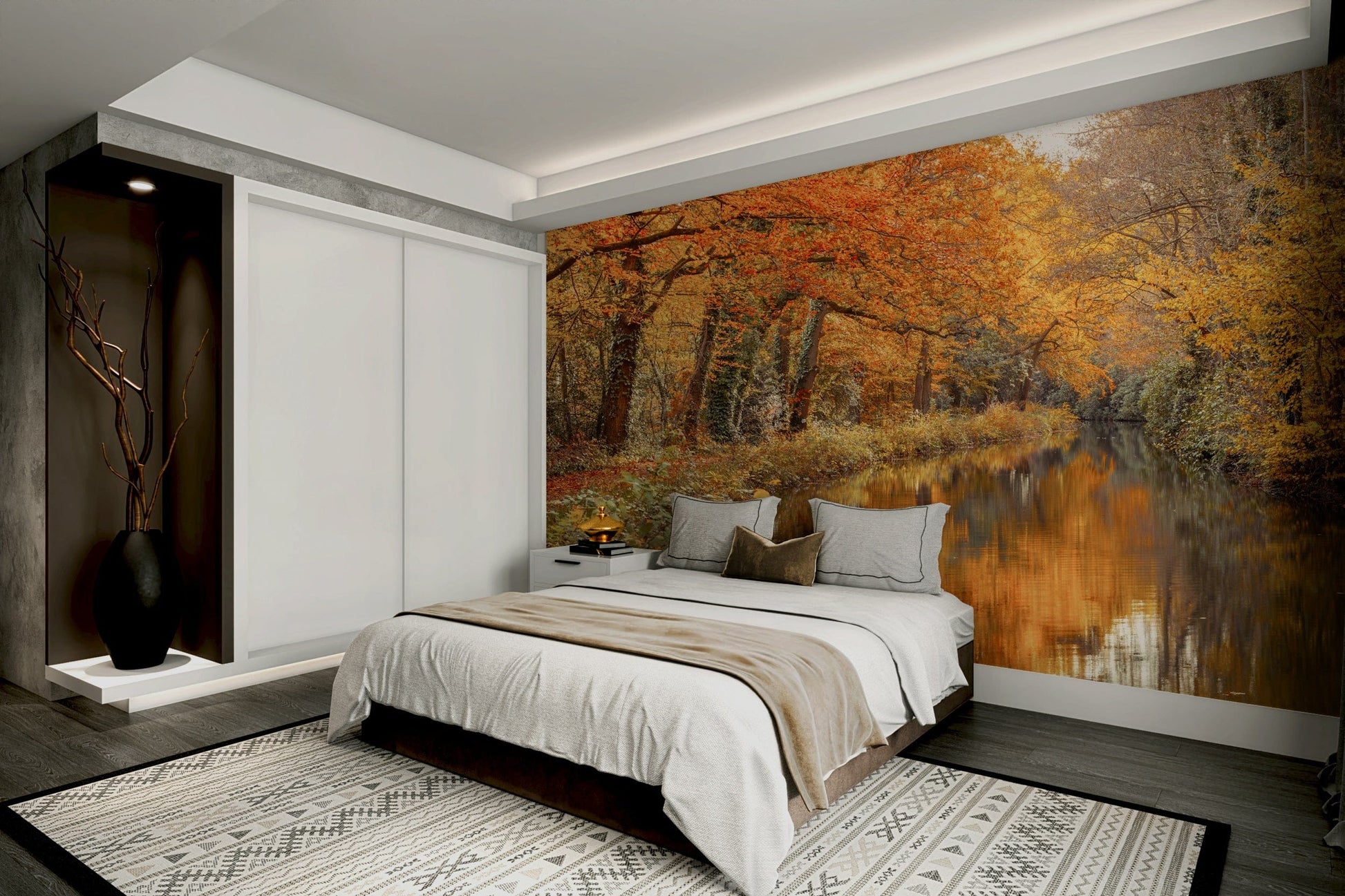A beautiful modern art wall mural of a serene river.

