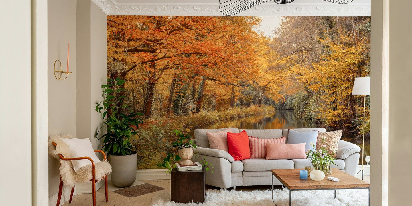 A peaceful woodland river mural on decorative wallpaper.

