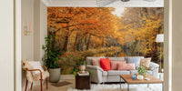 A peaceful woodland river mural on decorative wallpaper.

