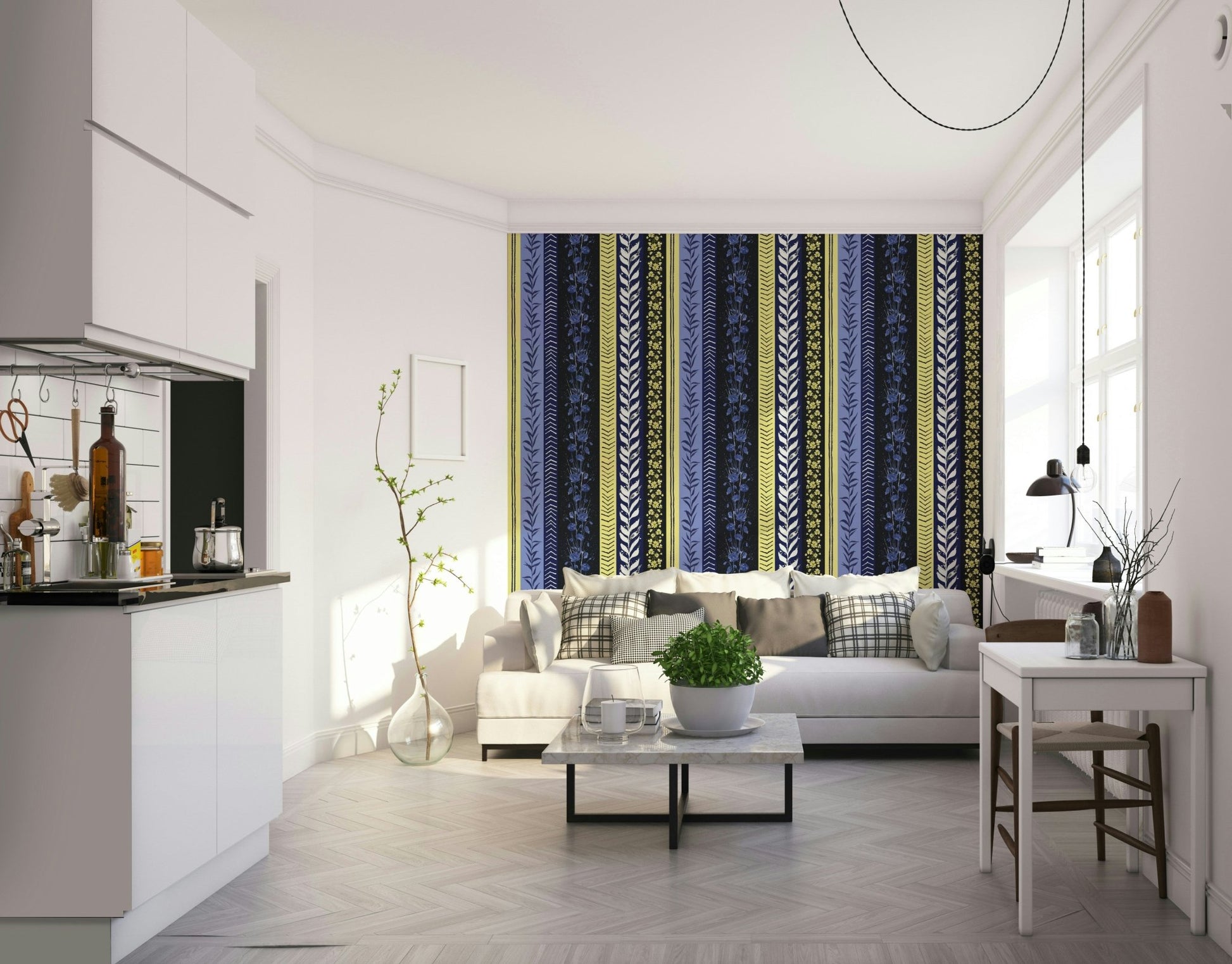 Autumn Stripes mural in a living room.


