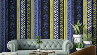 Wallpaper with leaf and floral designs.

