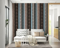 Wallpaper with abstract arrow and plant patterns.

