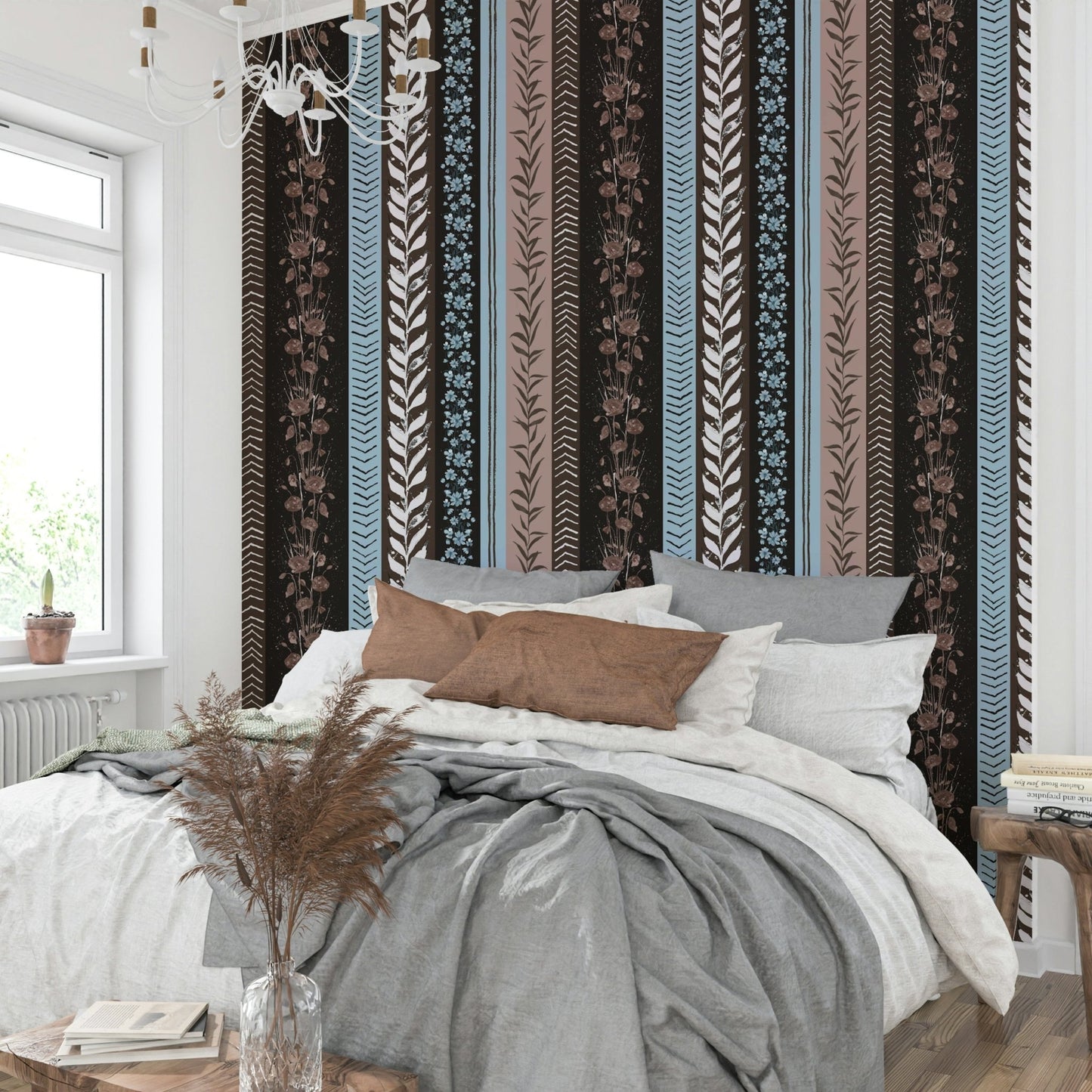 Wallpaper with leaf and floral designs.

