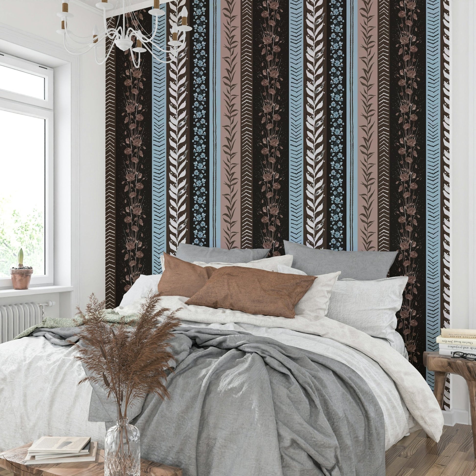 Wallpaper with leaf and floral designs.

