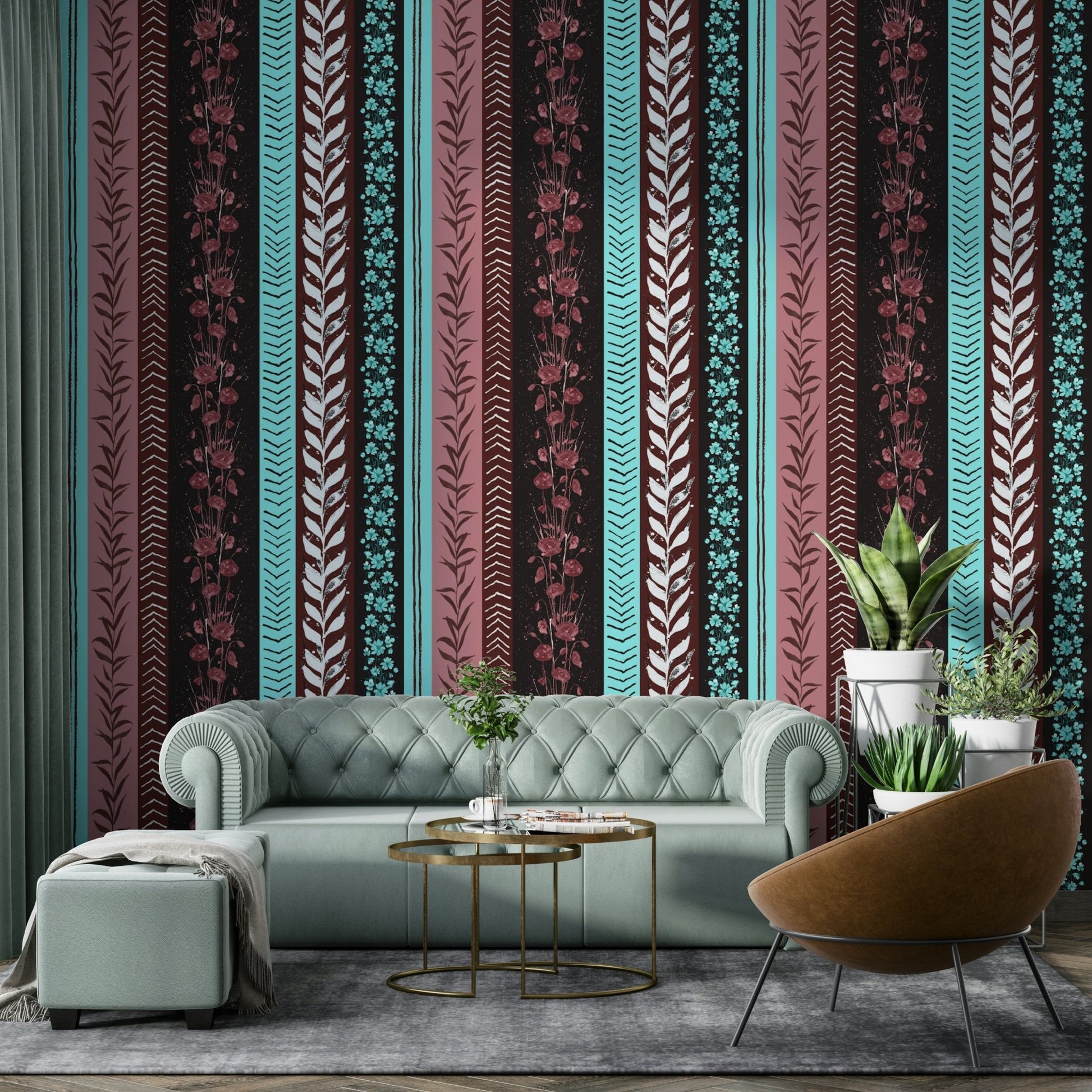 Wallpaper with abstract arrow and plant patterns.

