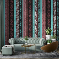 Wallpaper with abstract arrow and plant patterns.


