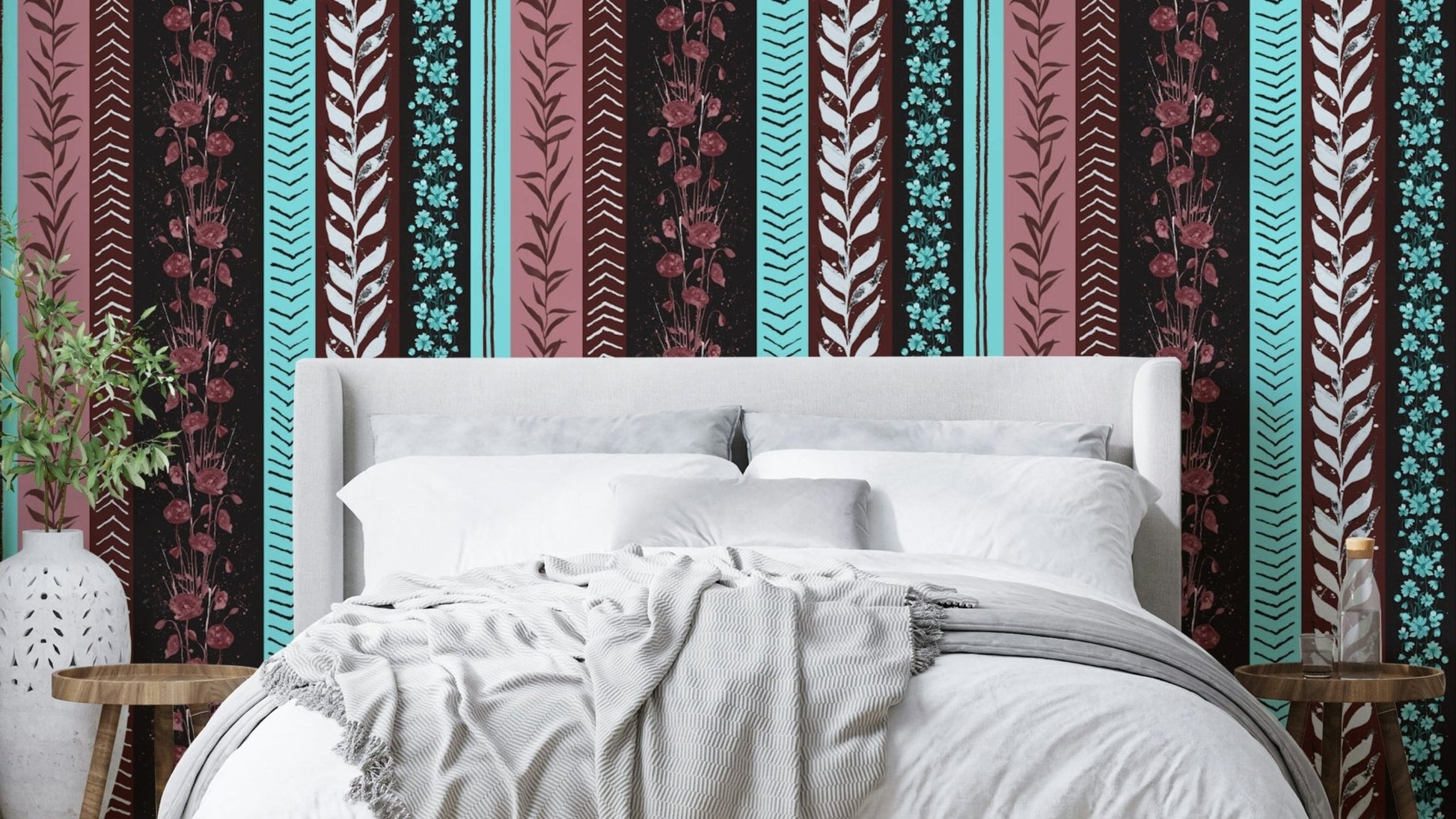 Wallpaper with leaf and floral designs.

