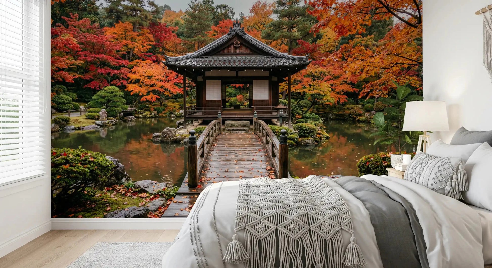 Calm temple scenery wallpaper for a cozy apartment bedroom accent wall