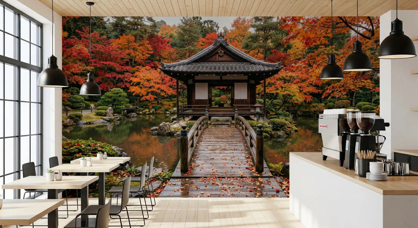 Autumn season temple wall mural with vibrant colors for restaurant & Cafe.