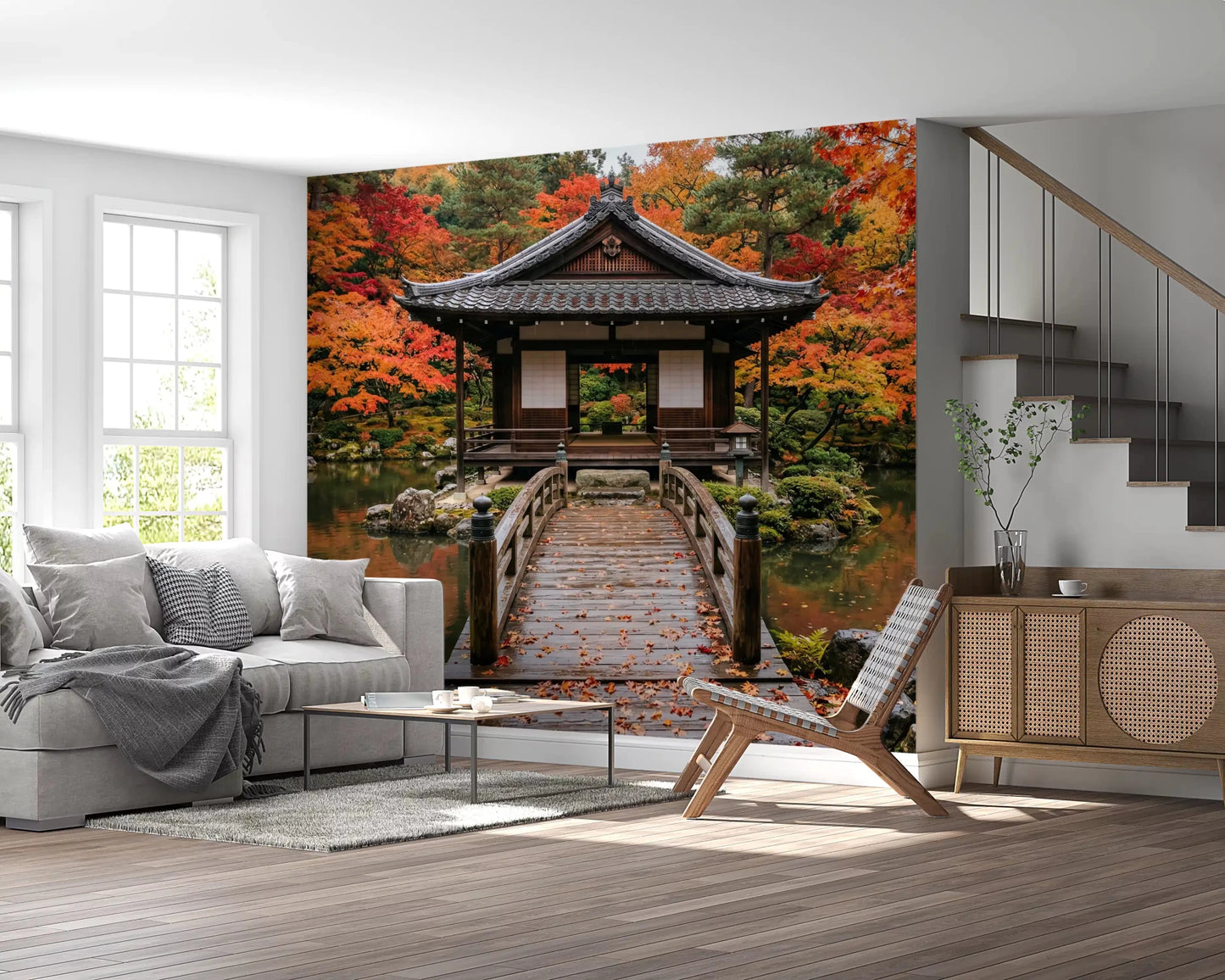 Scenic temple and autumn forest wallpaper for peaceful interior design