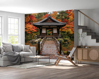 Scenic temple and autumn forest wallpaper for peaceful interior design