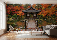 Calm landscape wallpaper mural featuring a Japanese shrine in autumn