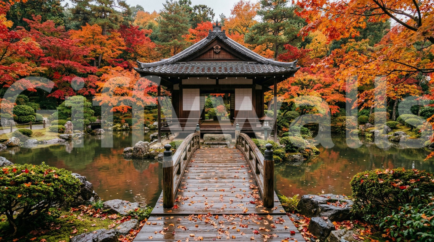 Autumn temple park wallpaper with warm seasonal tones for apartments