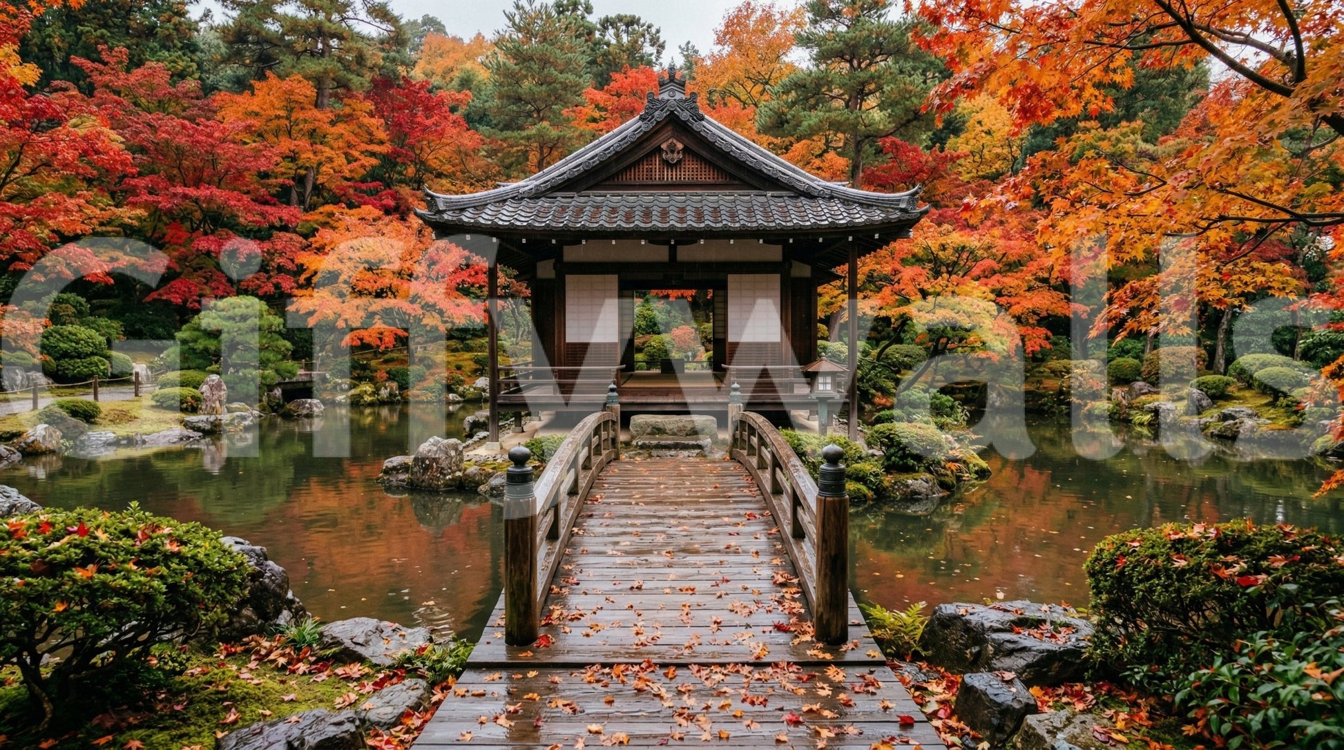 Autumn temple park wallpaper with warm seasonal tones for apartments