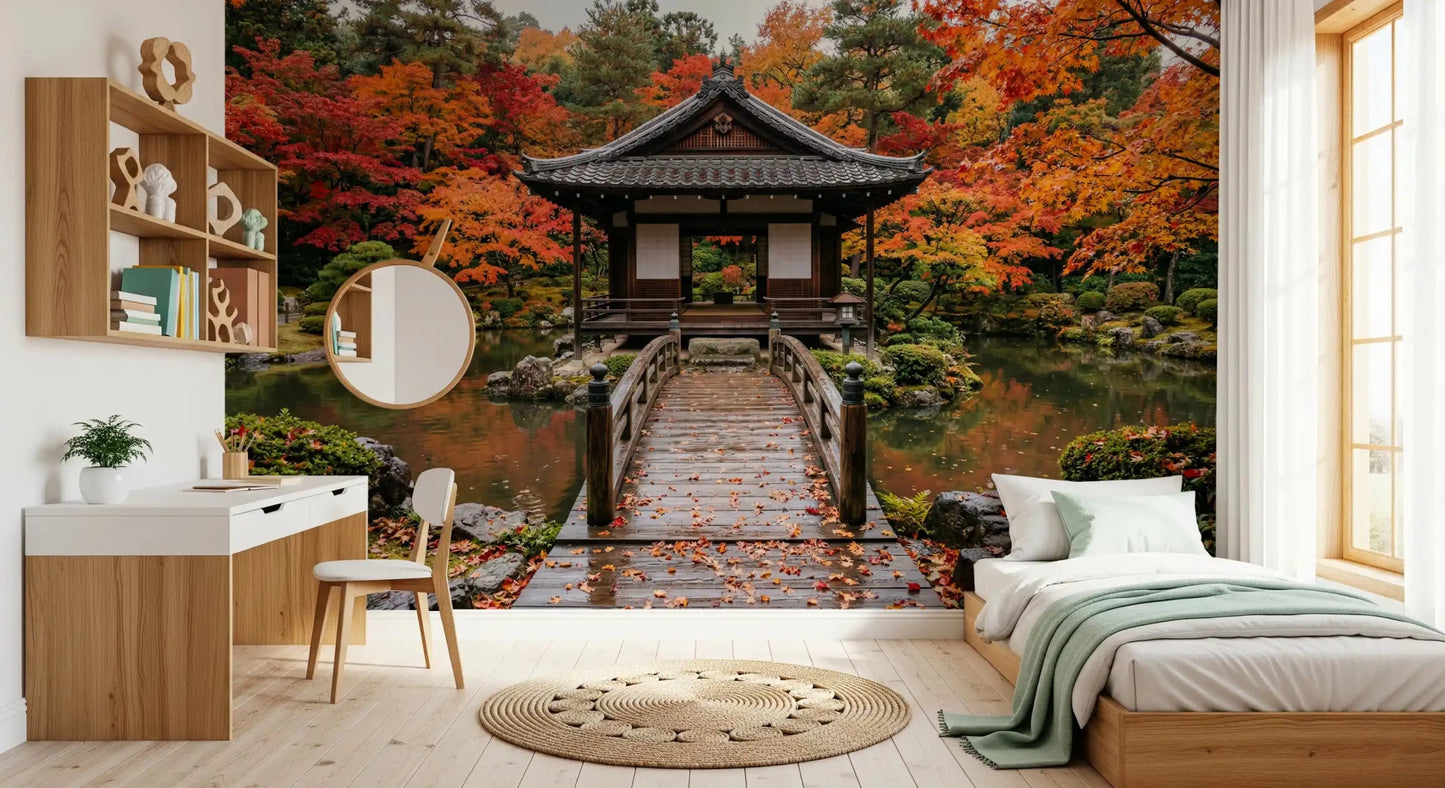 Autumn temple architecture wallpaper with seasonal forest colors