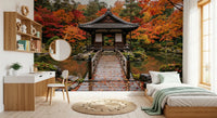 Autumn temple architecture wallpaper with seasonal forest colors