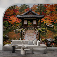 Large scale autumn forest temple wallpaper for a Hallway headboard wall