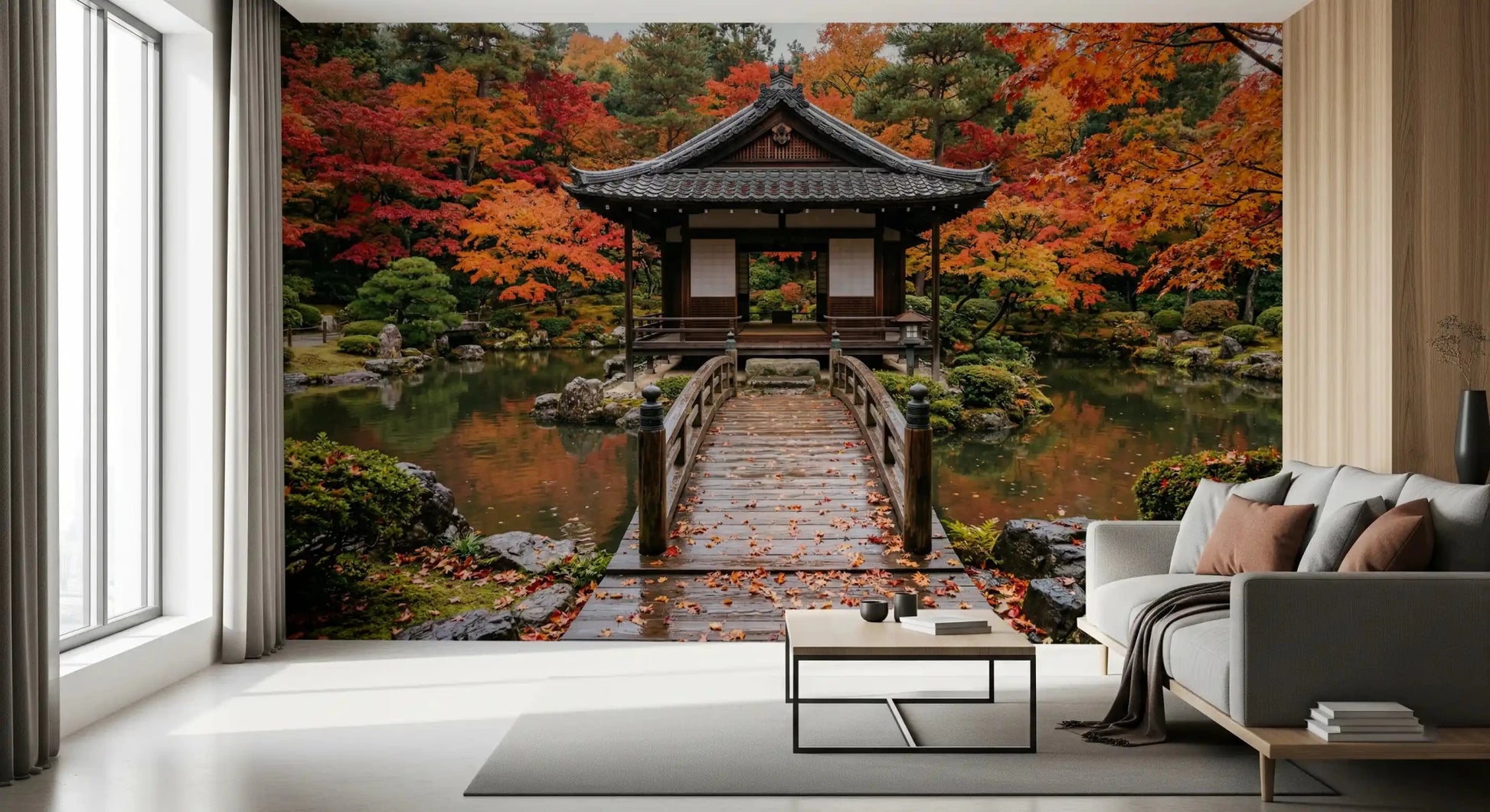 Modern orange maple tree landscape wallpaper for calm Living room wall decor