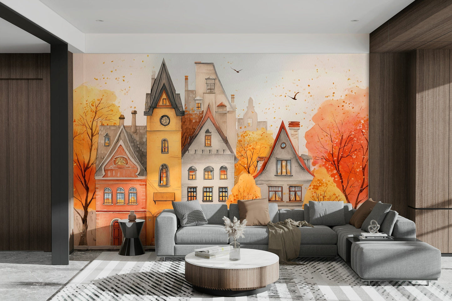 Autumn Town village wall mural

