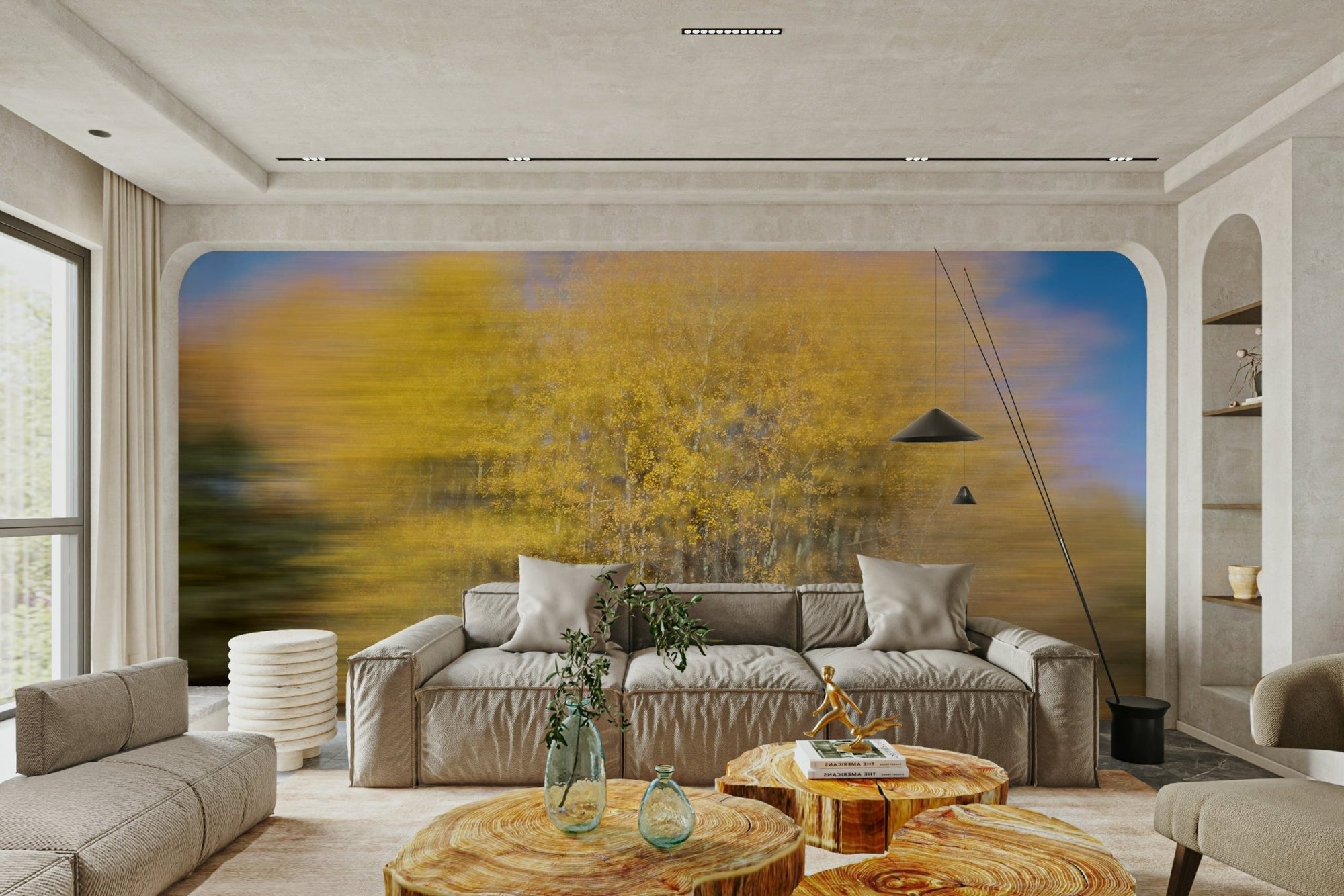 A close-up view shows the soft, blending lines of the abstract art.

