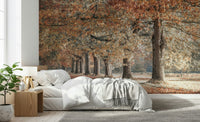 Inviting Fall Splendor wall decal, peaceful tree-lined avenue, brown leaves.